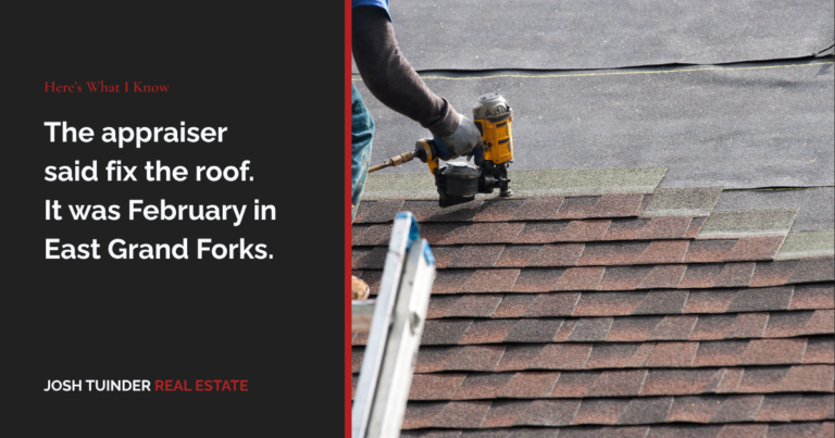 Blog graphic reading "The appraiser said fix the roof. It was February in East Grand Forks," beside a photo of a roofer nailing down new shingles.