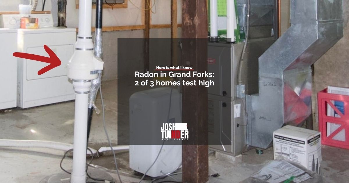 Radon mitigation pipe in a basement next to the furnace, with the words: Radon in Grand Forks: 2 of 3 homes test high.